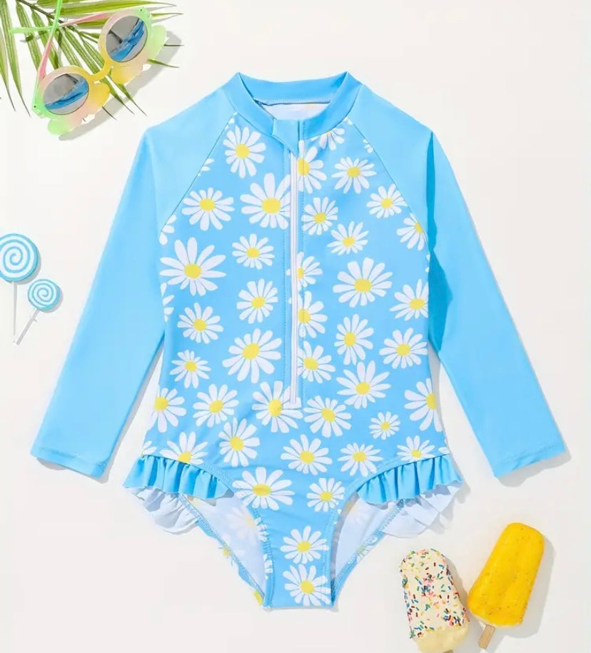 Toddler Girls' Trendy One-piece Swimsuit Zip Daisy Print Long Sleeve Bathing Suit