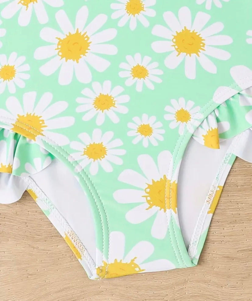 Girls Floral Print Ruffle Trim Swimsuit