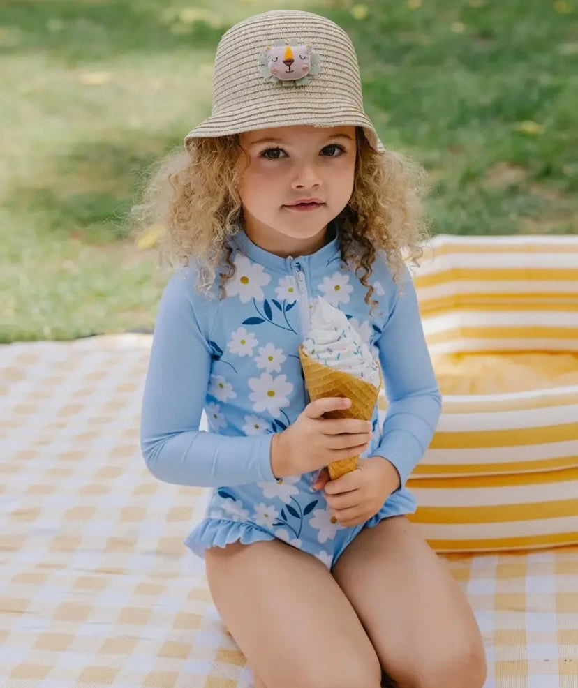 Girls Fashionable Floral Zip-up One-Piece Swimsuit