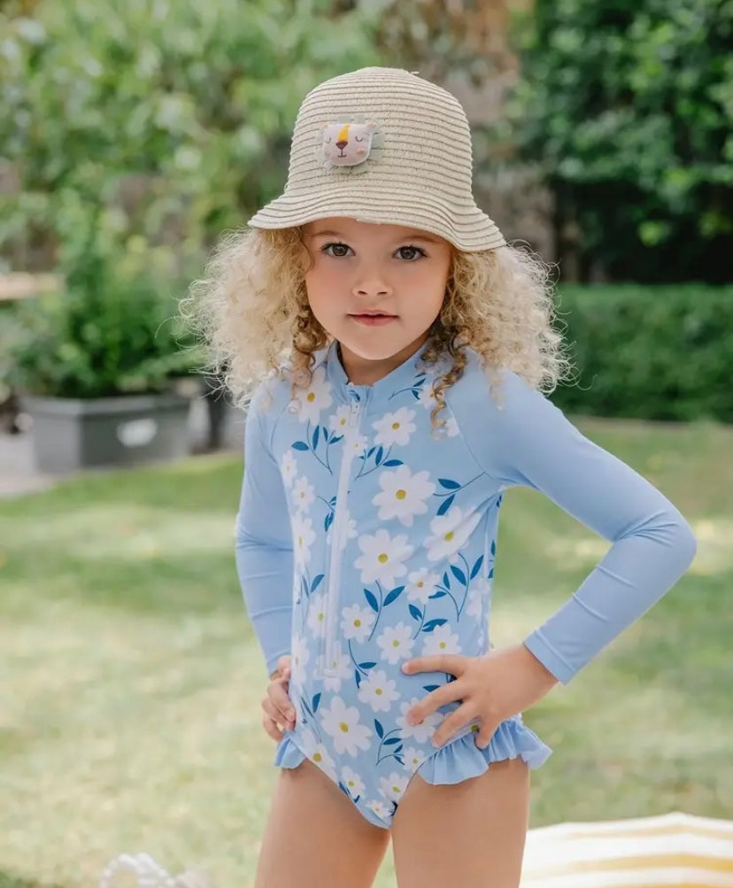 Girls Fashionable Floral Zip-up One-Piece Swimsuit