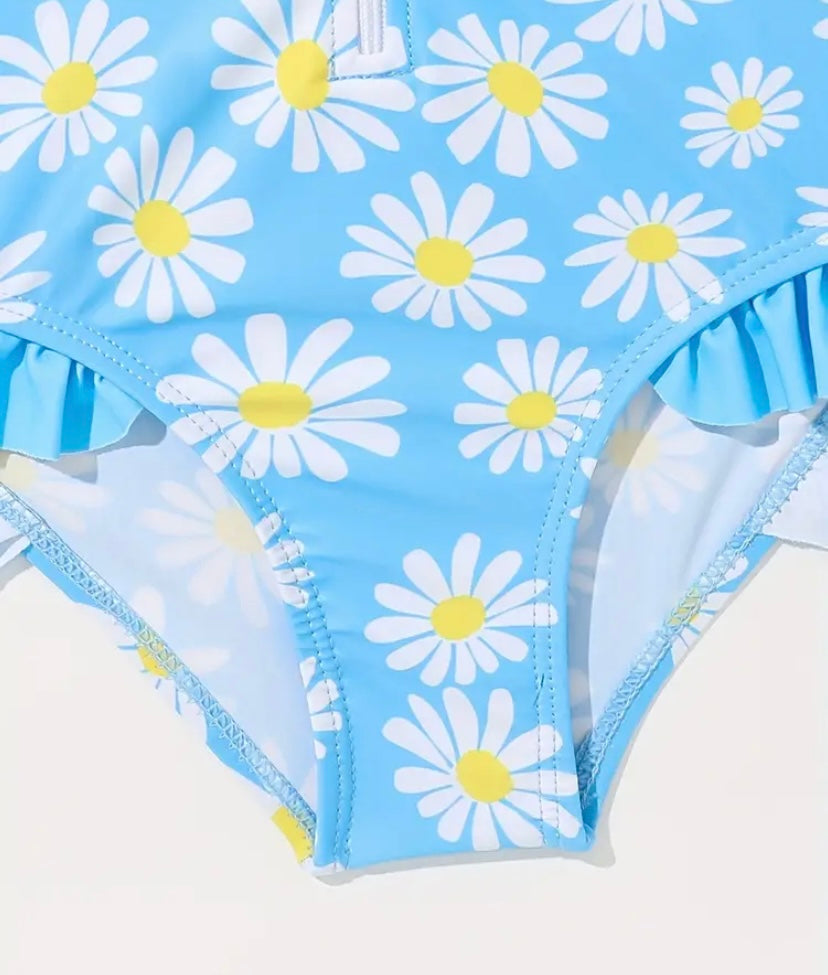 Toddler Girls' Trendy One-piece Swimsuit Zip Daisy Print Long Sleeve Bathing Suit