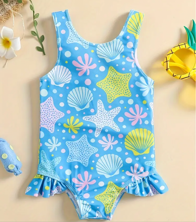 Baby Girls Cartoon Dessert Print One-piece Ruffle Beach Kids Swimsuit