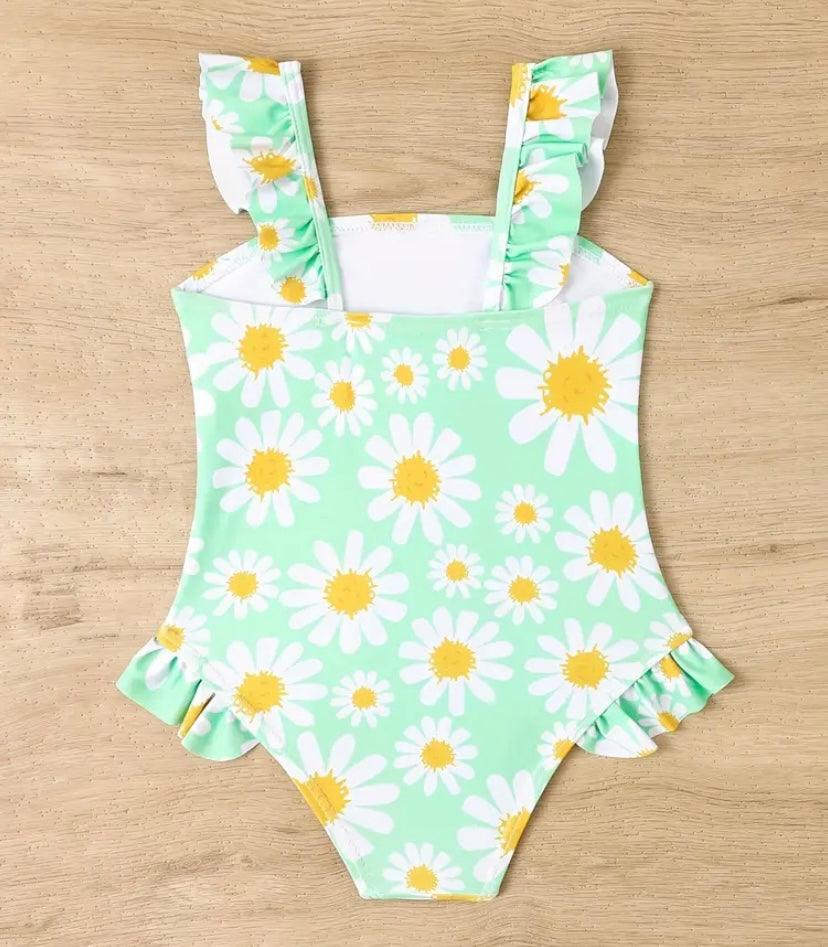 Girls Floral Print Ruffle Trim Swimsuit