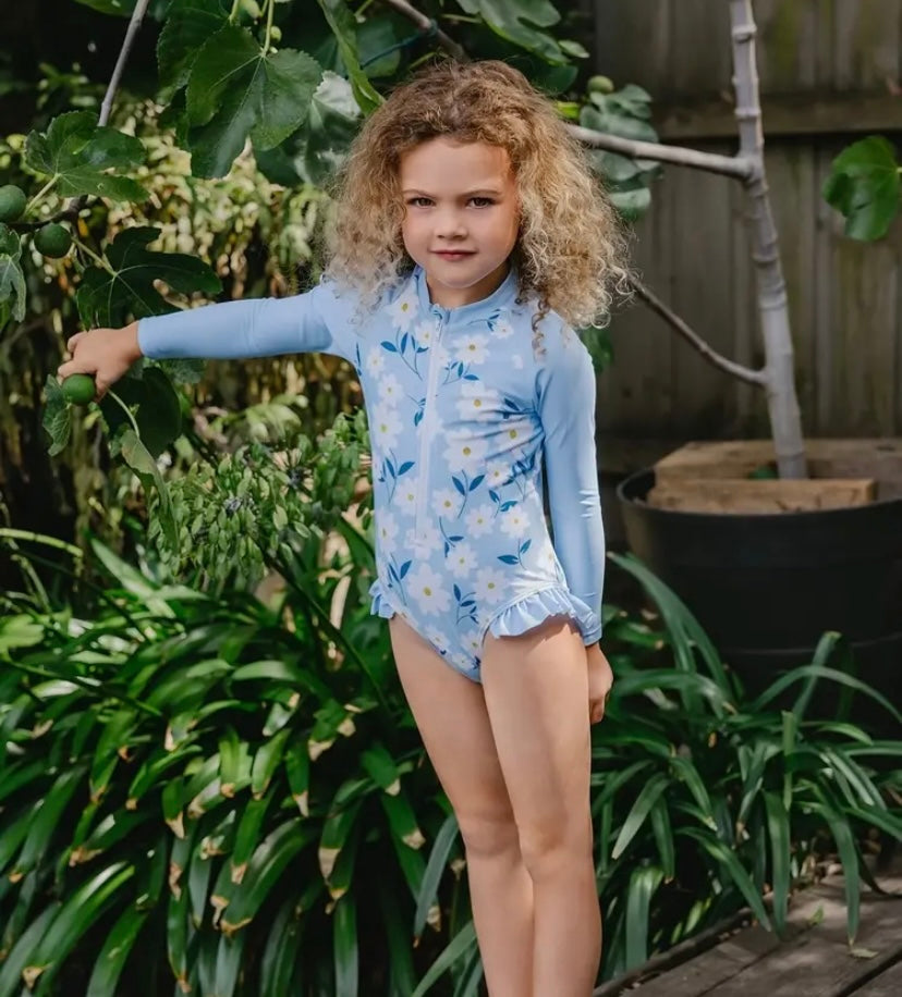 Girls Fashionable Floral Zip-up One-Piece Swimsuit