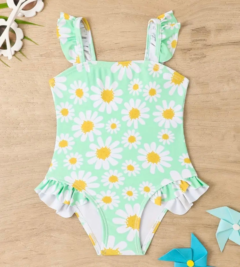Girls Floral Print Ruffle Trim Swimsuit