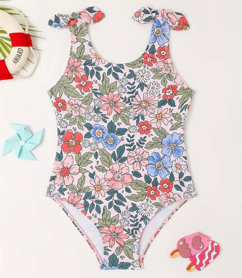 Girls' Floral Print One-Piece Swimsuit with Bow Accent