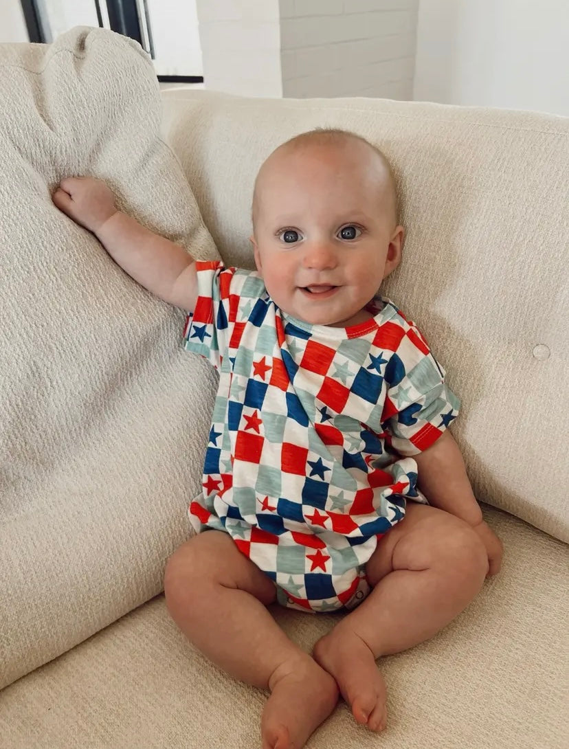 Red, White & Blue Checkerboard/ Organic T-shirt Bubble
