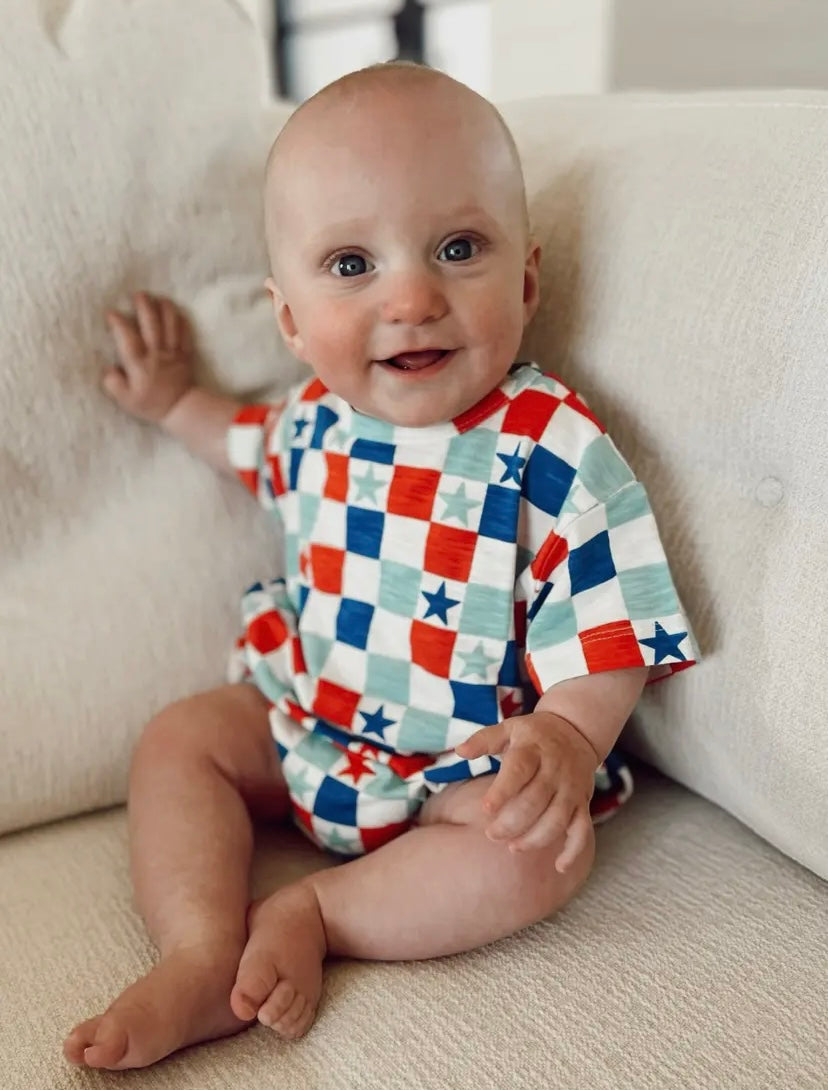 Red, White & Blue Checkerboard/ Organic T-shirt Bubble