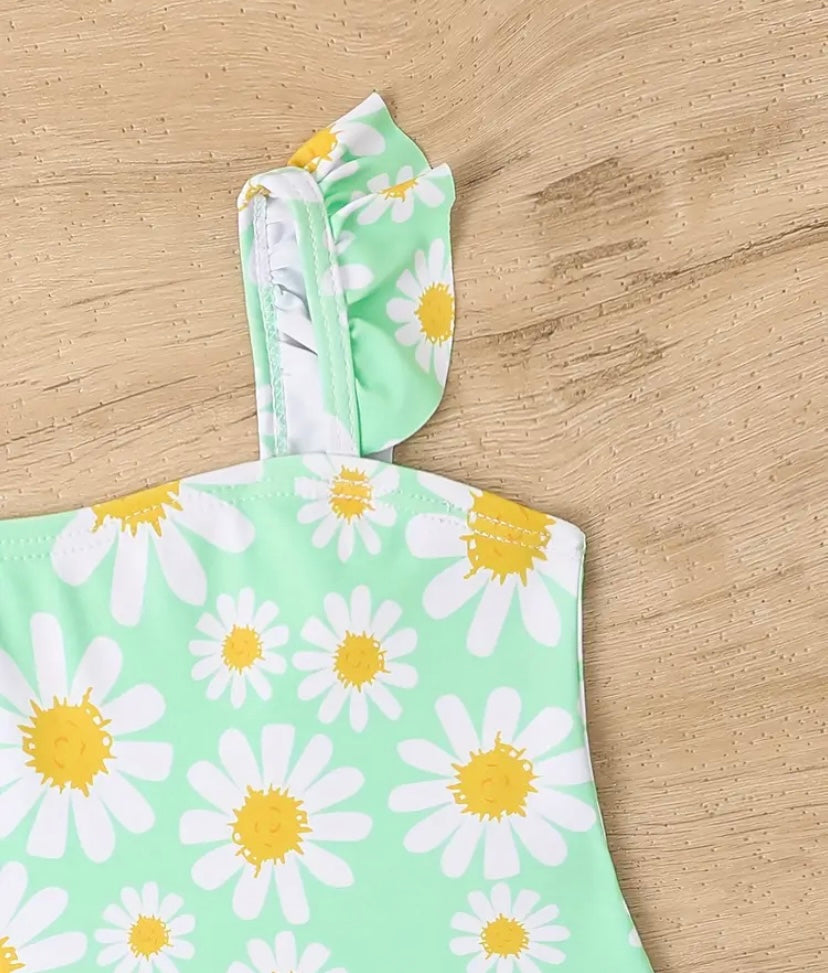 Girls Floral Print Ruffle Trim Swimsuit