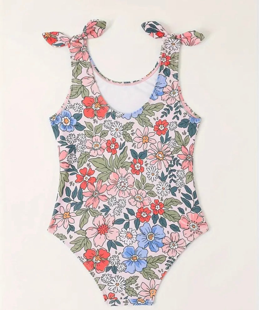 Girls' Floral Print One-Piece Swimsuit with Bow Accent
