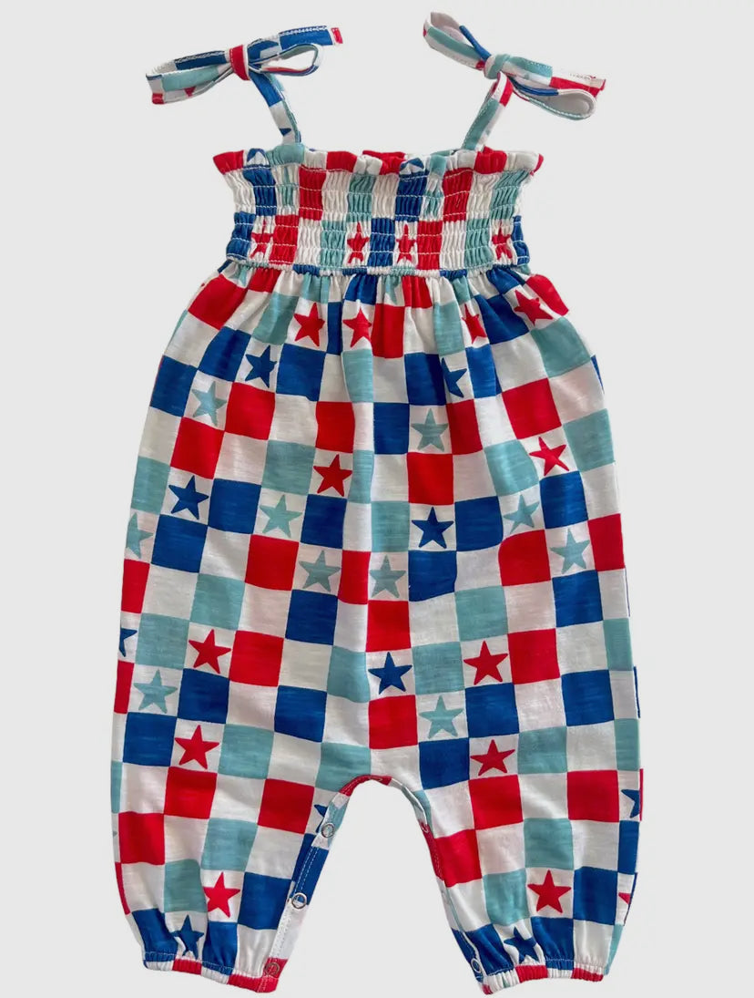 Red, White & Blue Checkerboard/ Organic Smocked Jumpsuit