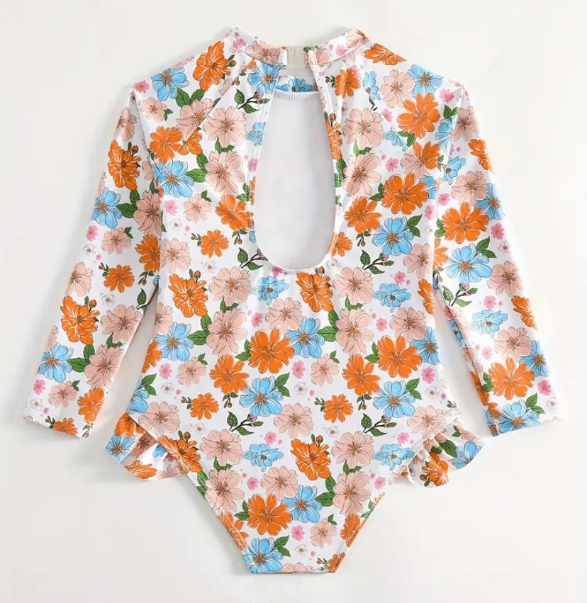 Chic Toddler Girl's Floral One-Piece Swimsuit with Ruffle Trim & Back Cutout