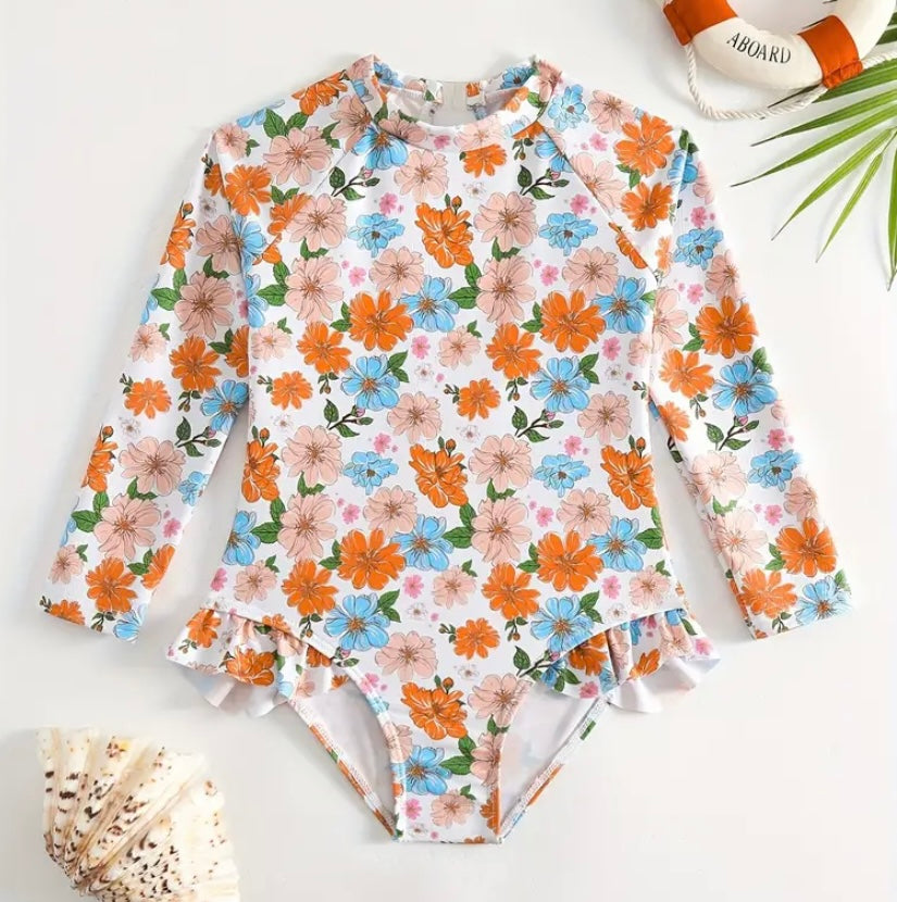 Chic Toddler Girl's Floral One-Piece Swimsuit with Ruffle Trim & Back Cutout