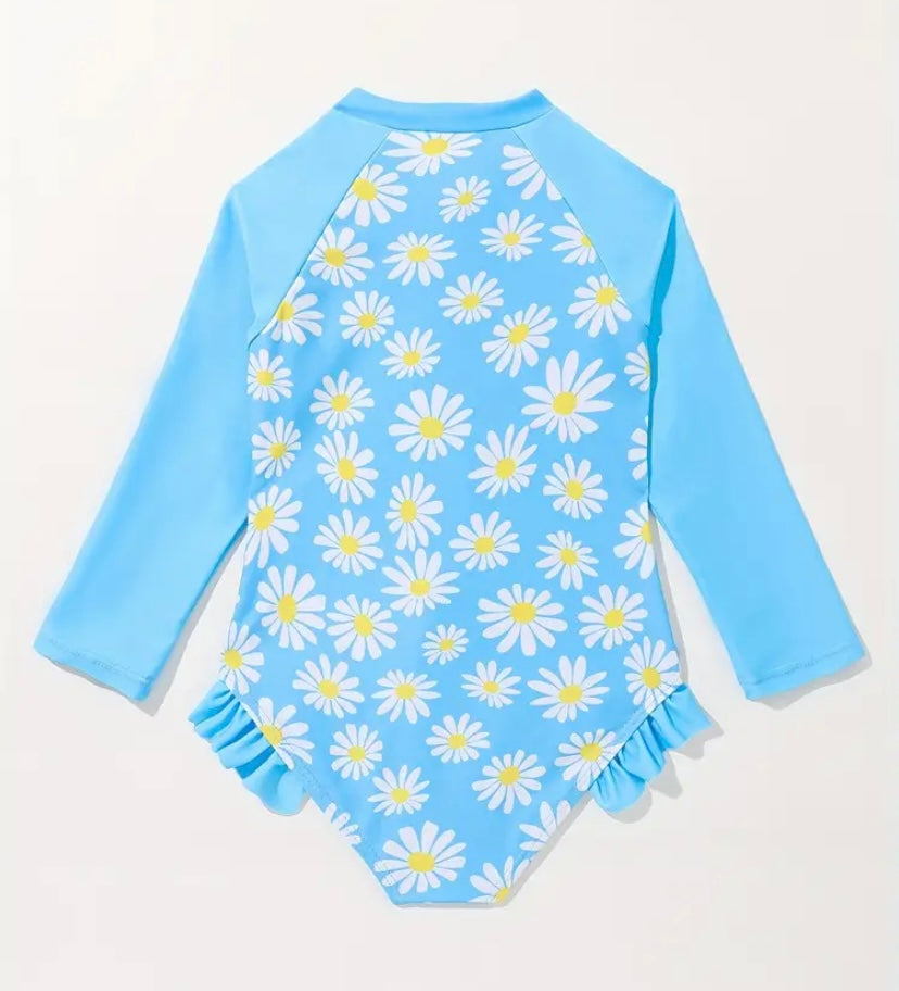Toddler Girls' Trendy One-piece Swimsuit Zip Daisy Print Long Sleeve Bathing Suit