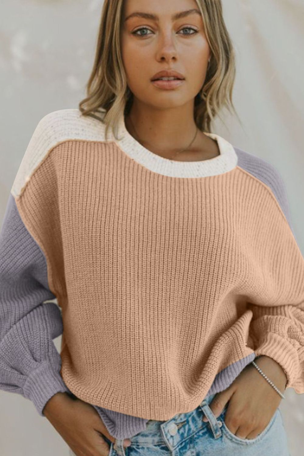 Color Block Round Neck Drop Shoulder Sweater