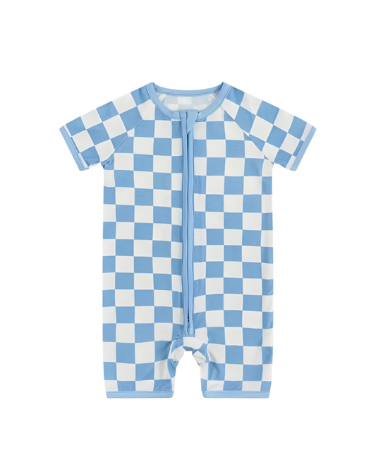 Blue Checkered Bamboo Romper