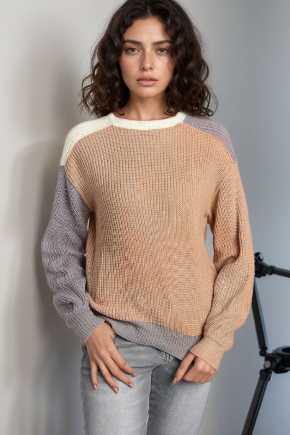 Color Block Round Neck Drop Shoulder Sweater