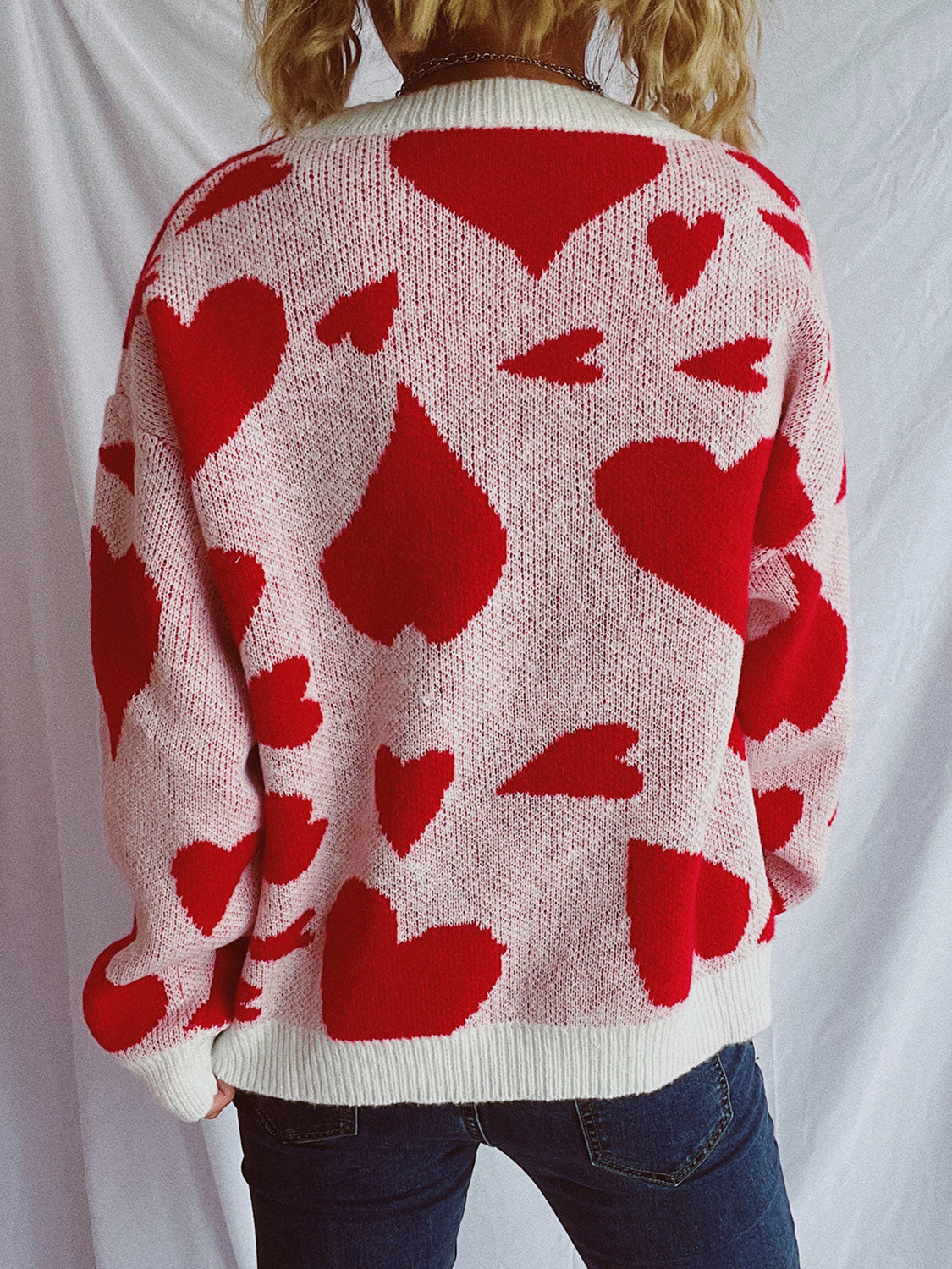 Heart Round Neck Long Sleeve Sweater