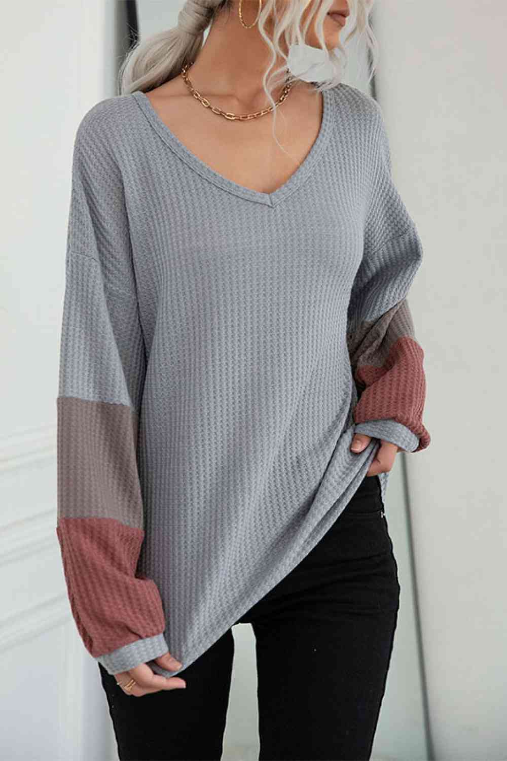 Color Block Sleeve Waffle Knit Tee