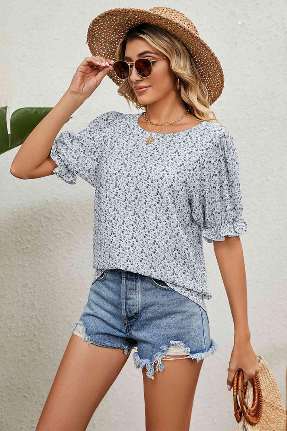 Round Neck Flounce Sleeve Blouse